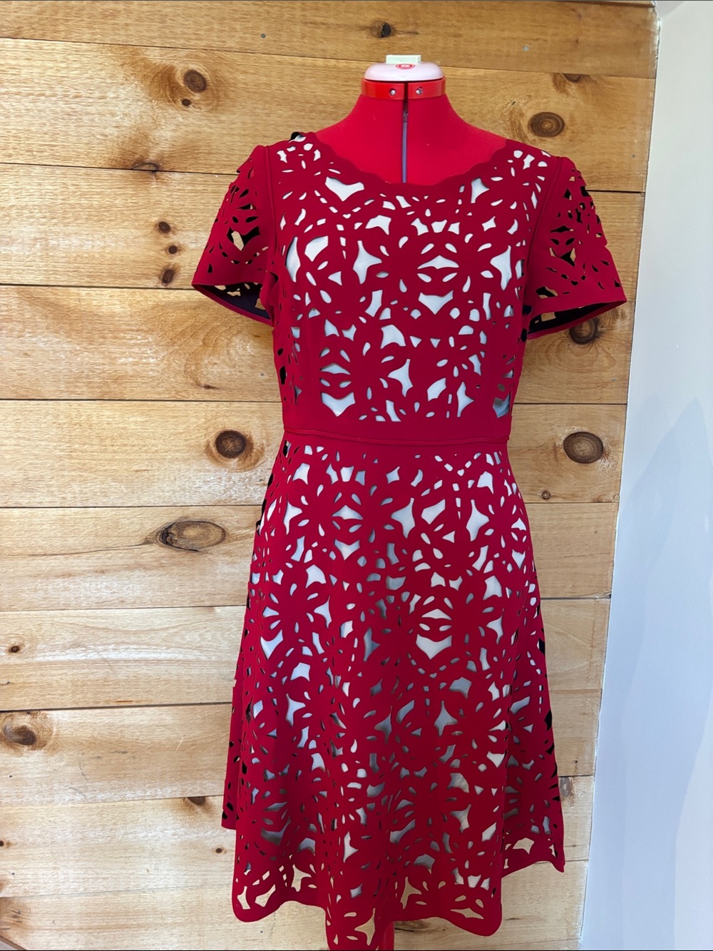 Moulinette Soeurs Red Floral Laser-Cut A-Line Dress